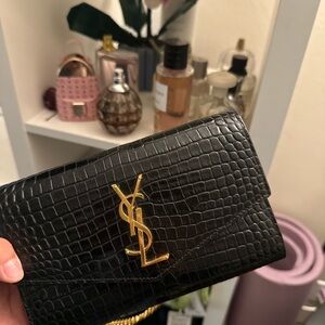 Yves Saint Laurent Black Croc-Embossed Leather Clutch